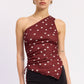 Maroon polka dot Maya Top by Emory Park, casual women's blouse with a relaxed fit and stylish pattern.