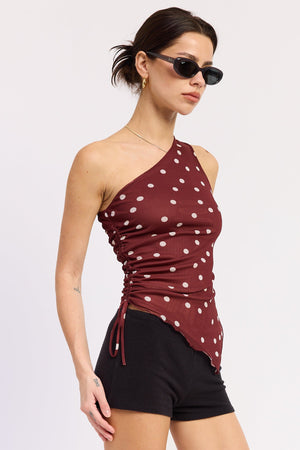 Maroon polka dot Maya top by Emory Park, stylish casual blouse with long sleeves and a relaxed fit.