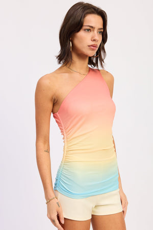 Emory Park Bailey top in multi-color with stylish neckline, displayed on a hanger against a neutral background.
