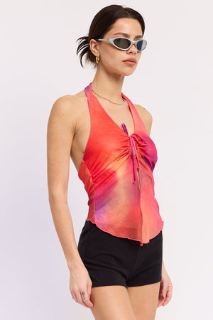 Bright orange and fuchsia Evania halter top from Emory Park, featuring a stylish halter neckline and sleeveless design.