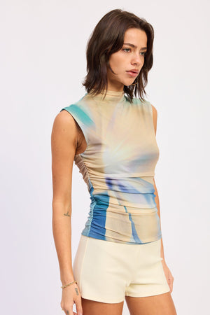 Emory Park Avalon top in blue-green multi, shown on a model, featuring a stylish, casual design perfect for everyday wear.