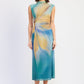 Emory Park Avalon Midi Dress in blue-green multi with a flowing silhouette and elegant design, displayed on a hanger.