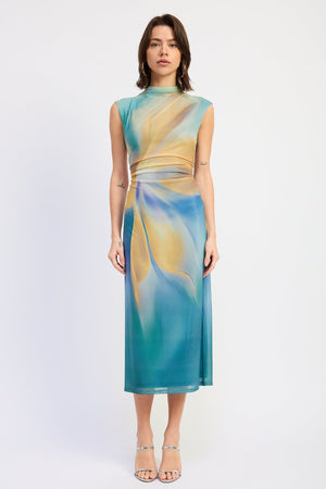 Emory Park Avalon Midi Dress in blue-green multi with a flowing silhouette and elegant design, displayed on a hanger.