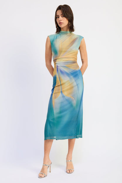 Emory Park Avalon midi dress in blue-green multi with floral pattern, displayed hanging on a wooden background.