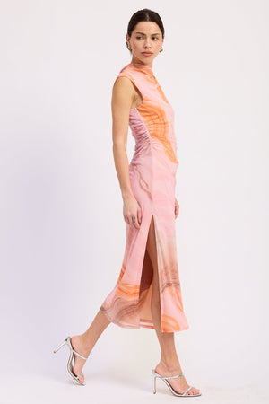 Emory Park Hannah midi dress in pink and multi-color floral print, stylish sleeveless dress for spring and summer occasions.