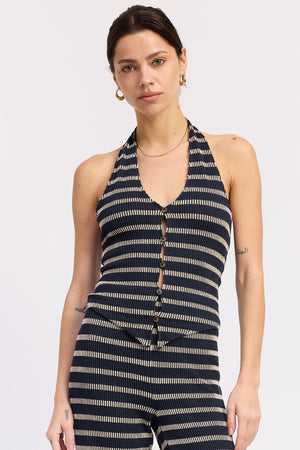 Emory Park navy cream halter top from the Anwen Tops collection, featuring a stylish neckline and lightweight fabric.