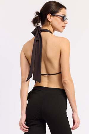 Emory Park Virelle Halter Top in brown, stylish sleeveless design with a high neckline and tie closure at the back.