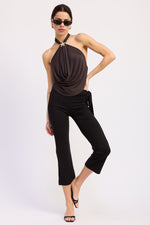 Emory Park Virelle halter top in brown, stylish sleeveless blouse with tie neck detail, perfect for casual or summer wear.