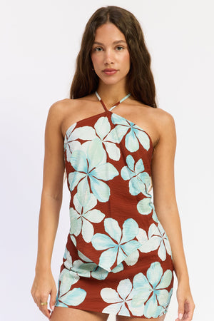Emory Park Giselle Scarf Top in brown floral print, stylish sleeveless blouse with a scarf neckline and feminine design.