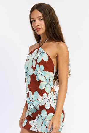 Emory Park Giselle Scarf Top in brown floral pattern, stylish sleeveless blouse with tie detail at the front.