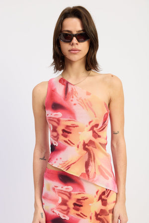 Emory Park Lilah Top in rose pink floral print, lightweight fabric with a fitted design, displayed on a hanger.