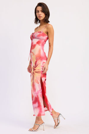 Emory Park Hensley midi dress in rose pink floral print, showcasing a flowy, elegant dress with a fitted waist and sleeveless design.