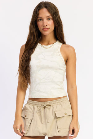 Cream camo Emory Park Piper top with long sleeves and relaxed fit, shown on a hanger against a neutral background.