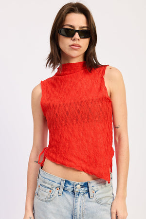 Red Abigail top by Emory Park, showcasing a stylish sleeveless design with a fitted silhouette and V-neck detail.