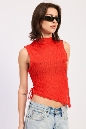 Red Abigail top from Emory Park, featuring a stylish, fitted design with a V-neck and short sleeves.