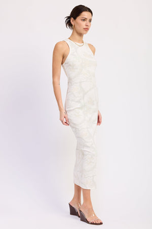 Cream camo Eira Midi Dress by Emory Park, featuring a stylish midi length and casual design, displayed on a hanger.