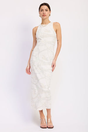 Eira midi dress by Emory Park in cream camo fabric, stylish sleeveless design with a flowy silhouette.