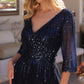 Nox Anabel MF100 Long Sequin Bodice 3/4 Sleeve A-line Gown