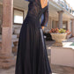 Nox Anabel MF101 Long V-Neck Embellished Bodice 3/4 Sleeve A-line Gown