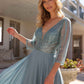 Nox Anabel MF101 Long V-Neck Embellished Bodice 3/4 Sleeve A-line Gown