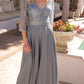 Nox Anabel MF101 Long V-Neck Embellished Bodice 3/4 Sleeve A-line Gown