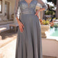 Nox Anabel MF101 Long V-Neck Embellished Bodice 3/4 Sleeve A-line Gown