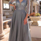 Nox Anabel MF101 Long V-Neck Embellished Bodice 3/4 Sleeve A-line Gown