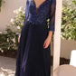 Nox Anabel MF102 Long Applique 3/4 Sleeve Pleated A-line Glitter Gown