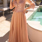 Nox Anabel MF102 Long Applique 3/4 Sleeve Pleated A-line Glitter Gown
