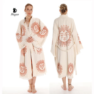 Eco-friendly organic cotton boho kimono robe with sun stamped design by Miyawfashion, displayed on a hanger with a neutral background.