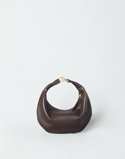 Chocolate brown Micro Ring Hobo Bag by HYER GOODS with rounded shape and minimalist design, featuring a sleek strap and subtle hardware.