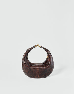 Dark brown python leather hobo bag from HYER GOODS, The Micro Ring Bag with a sleek, compact design and textured finish.