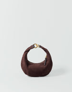 Brown suede Micro Ring Hobo Bag by HYER GOODS with rounded shape and minimalist strap, stylish and compact for everyday use.