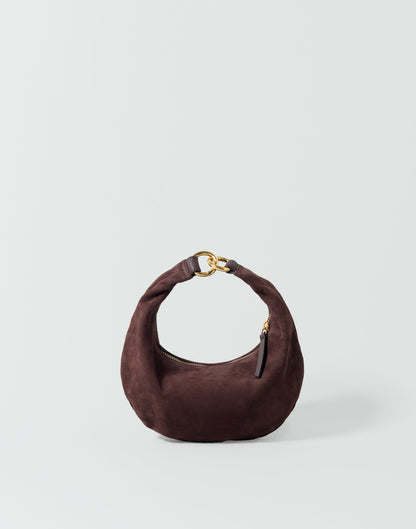 Brown suede Micro Ring Hobo Bag by HYER GOODS with rounded shape and minimalist strap, stylish and compact for everyday use.
