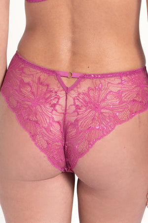 Lavinia Samanta Mila Raspberry lace tanga panty with delicate floral lace and sheer fabric, designed for comfort and elegance.