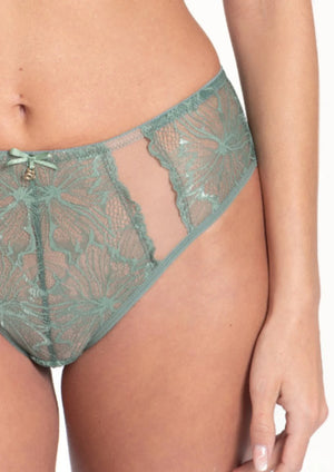 Lavinia Samanta Mila Sage lace tanga panty with delicate floral design and smooth fabric for comfortable fit.