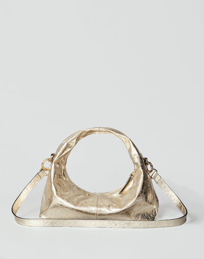 Gold mini everyday shoulder bag by HYER GOODS featuring a sleek design and compact size, perfect for daily use.