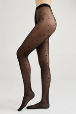 Women's fantasy tights with moon pattern from TheRanok.com, featuring intricate moon designs on black sheer fabric.