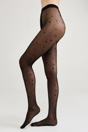 Women's fantasy tights with moon pattern from TheRanok.com, featuring intricate moon designs on black sheer fabric.
