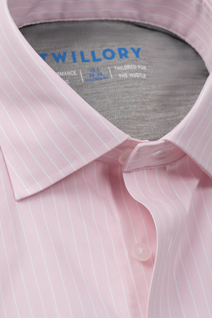 Twillory Leader Non-Iron Stripe Shirt in thick pink fabric, featuring a classic button-down style and crisp collar.