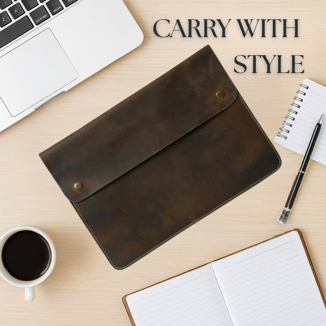 Leather MacBook sleeve from Classy Leather Bags, slim and stylish laptop folio with a smooth finish and secure zipper closure.