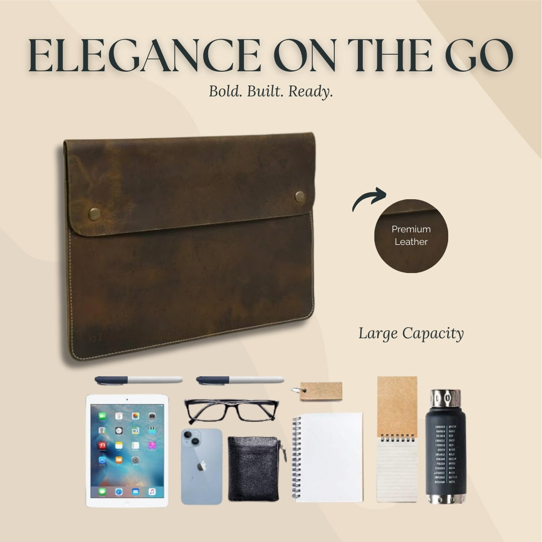 Leather MacBook folio sleeve by Classy Leather Bags, featuring a sleek, slim design in rich brown leather with subtle stitching.