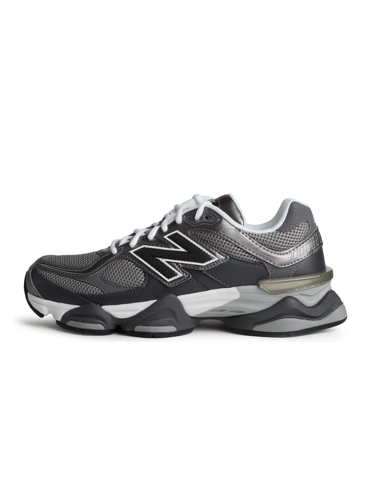 New Balance men's 9060 lifestyle shoes in silver with a modern design, shown in a close-up image highlighting the sneaker details.