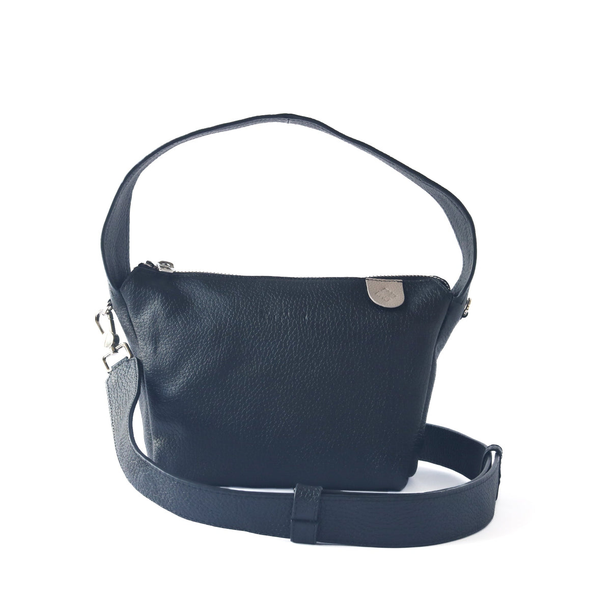 Black Maina shoulder leather bag by Tin Marin Brand with adjustable strap and sleek design.