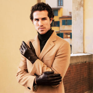 Marco (brown) - Italian lambskin leather gloves with brown rabbit fur lining