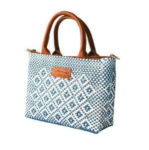 Small woven crossbody bag in camel color, Marine brand, featuring a compact design with woven texture and adjustable strap.