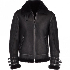 Men’s Black Aviator Flying Bomber Shearling Leather Jacket