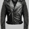Men Black Biker Studded Leather Jacket - Black