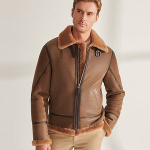 Men’s Camel Brown B3 Shearling Pilot Aviator Leather Jacket