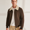 Men’s Khaki Brown Sheepskin Shearling Leather Bomber Jacket - Brown
